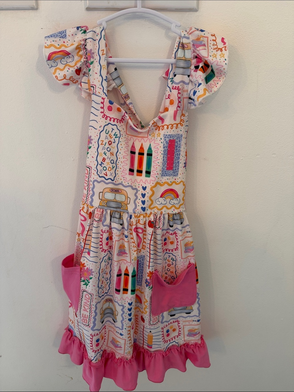 Kids White Print Dress with Pink Accents